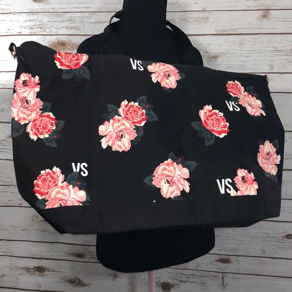 Victoria's Secret Handbags - V.S| Floral Black Large Weekend Tote Bag w/ Zipper